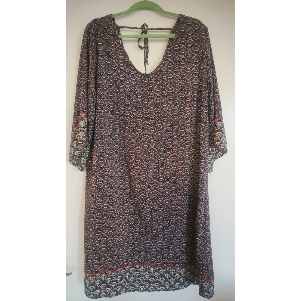 Bobeau Boho Chic Fan Print Peasant Dress Kimono Sleeve 1X flowy Festival